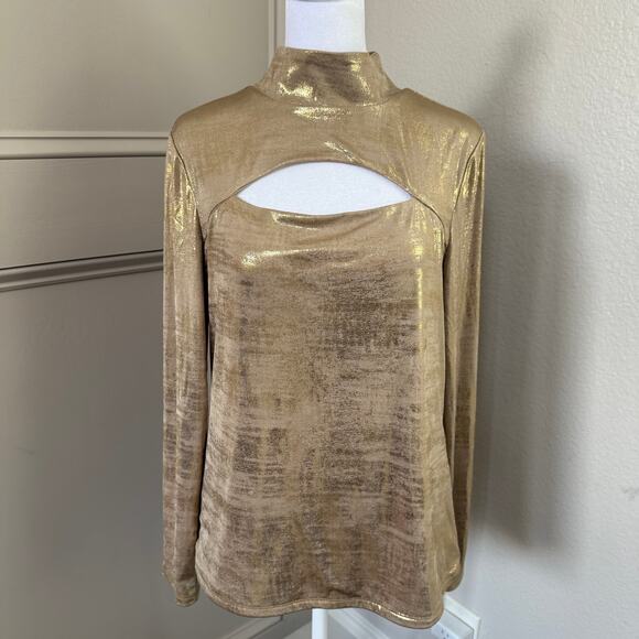 Boston Proper Metallic Gold Keyhole Mock Neck Top Size M Shiny Statement Blouse - Picture 1 of 5